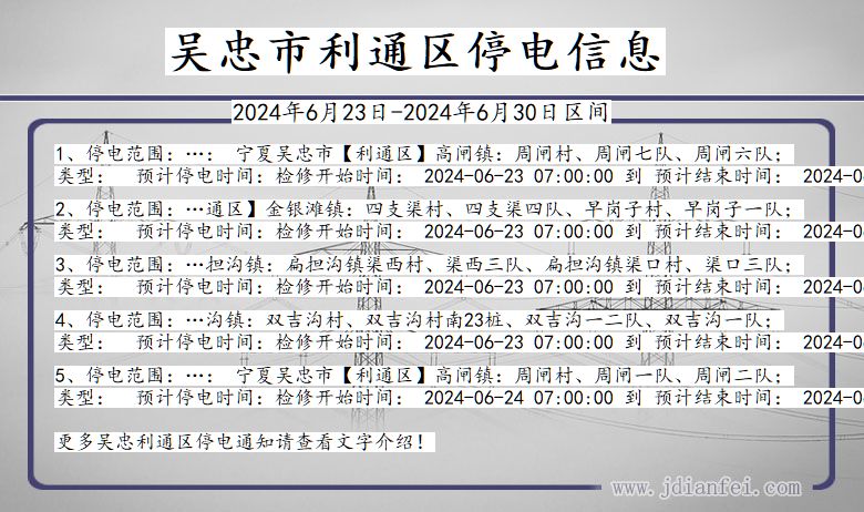 宁夏回族自治区吴忠利通停电通知