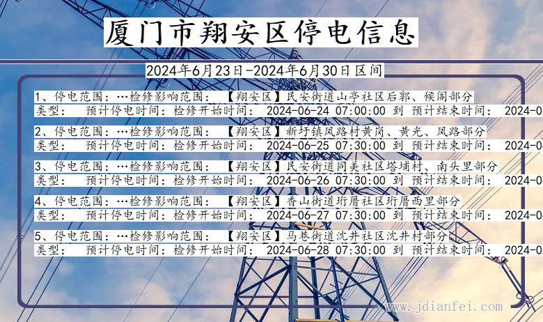 福建省厦门翔安停电通知