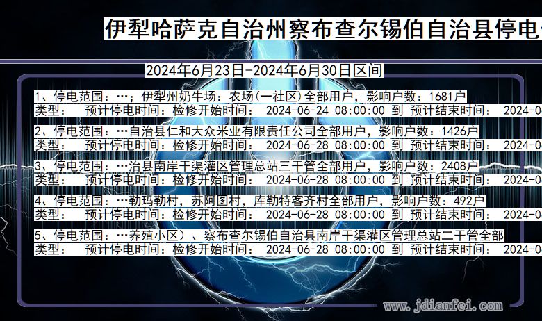 新疆维吾尔自治区伊犁哈萨克自治州察布查尔锡伯自治停电通知