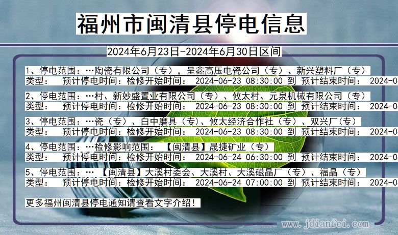 福建省福州闽清停电通知