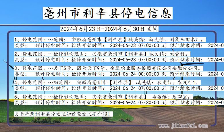 安徽省亳州利辛停电通知