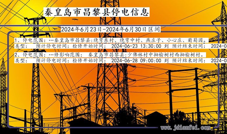 河北省秦皇岛昌黎停电通知