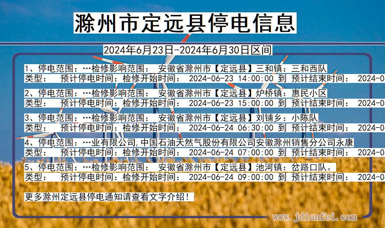 安徽省滁州定远停电通知