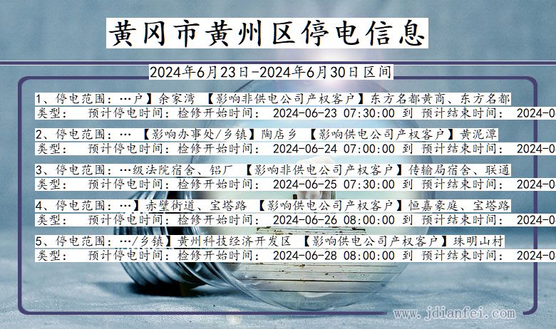 湖北省黄冈黄州停电通知