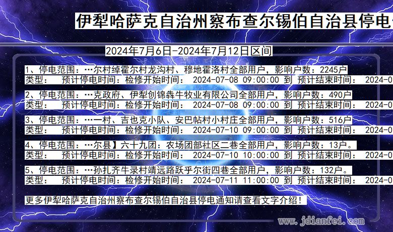 新疆维吾尔自治区伊犁哈萨克自治州察布查尔锡伯自治停电通知