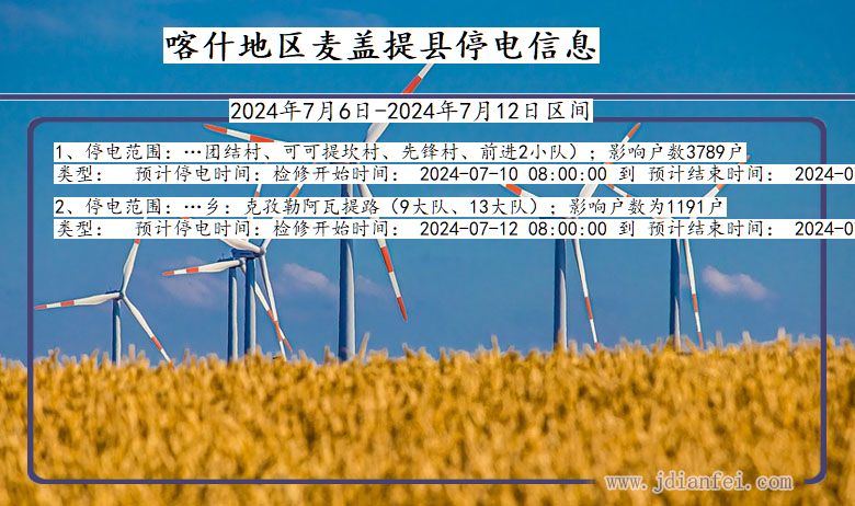 新疆维吾尔自治区喀什地区麦盖提停电通知