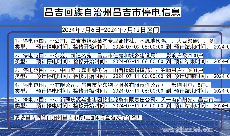 新疆维吾尔自治区昌吉回族自治州昌吉停电通知