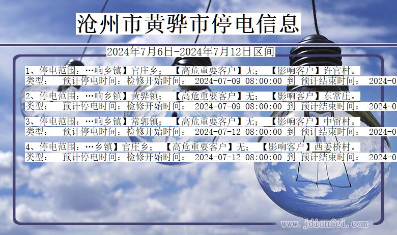 河北省沧州黄骅停电通知