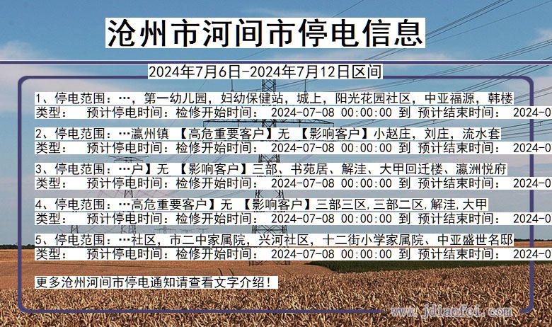 河北省沧州河间停电通知