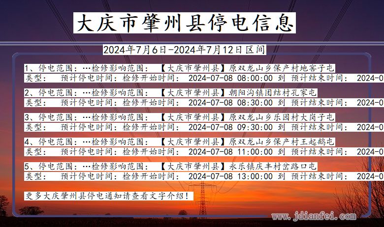 黑龙江省大庆肇州停电通知