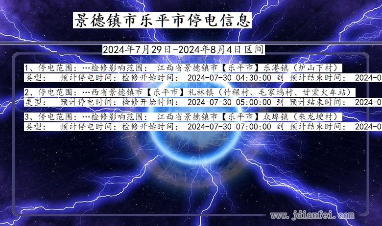 江西省景德镇乐平停电通知