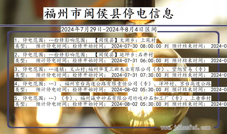 福建省福州闽侯停电通知