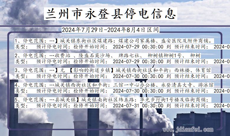 甘肃省兰州永登停电通知