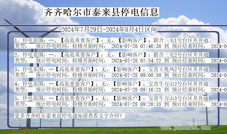 黑龙江省齐齐哈尔泰来停电通知