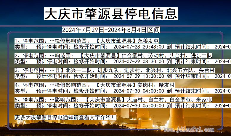 黑龙江省大庆肇源停电通知