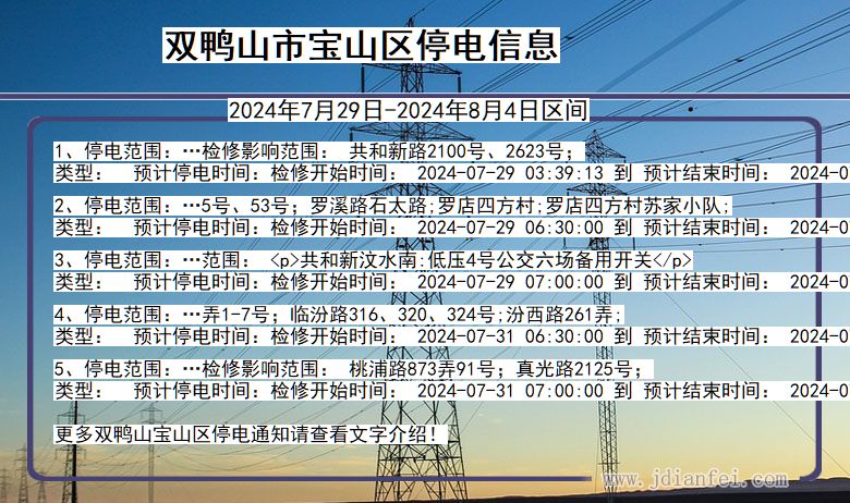 黑龙江省双鸭山宝山停电通知