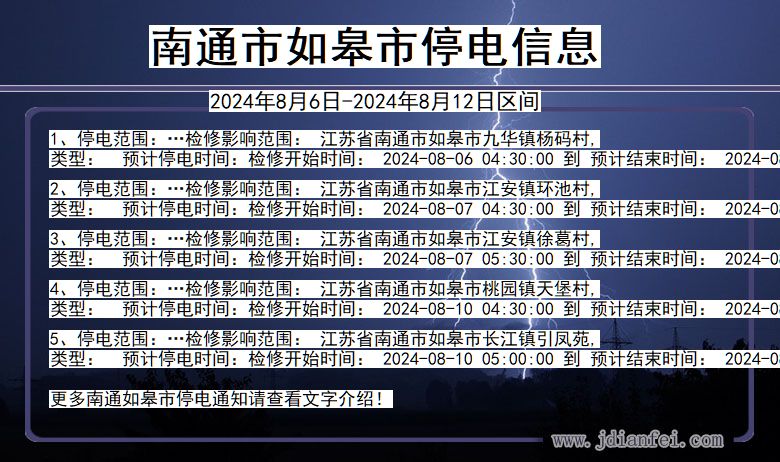 江苏省南通如皋停电通知