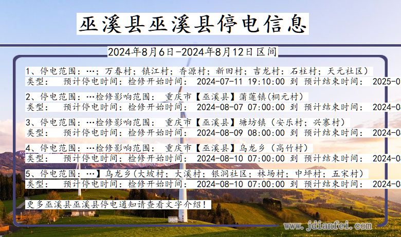 重庆市巫溪县巫溪停电通知