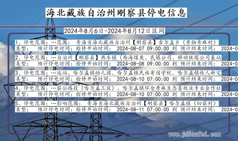 青海省海北藏族自治州刚察停电通知