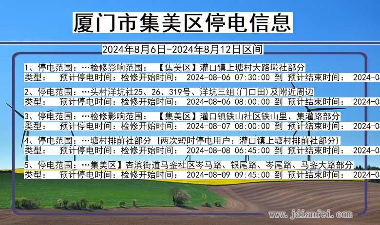 福建省厦门集美停电通知