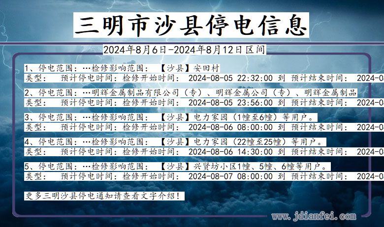 福建省三明沙县停电通知