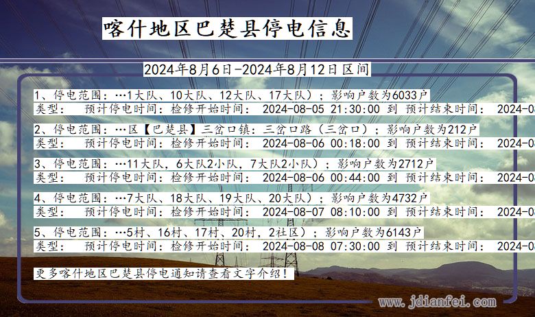 新疆维吾尔自治区喀什地区巴楚停电通知