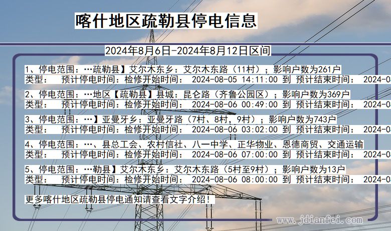 新疆维吾尔自治区喀什地区疏勒停电通知