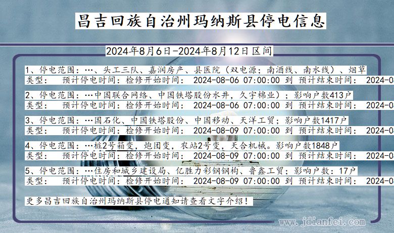 新疆维吾尔自治区昌吉回族自治州玛纳斯停电通知