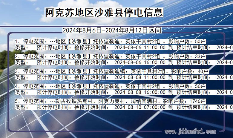 新疆维吾尔自治区阿克苏地区沙雅停电通知