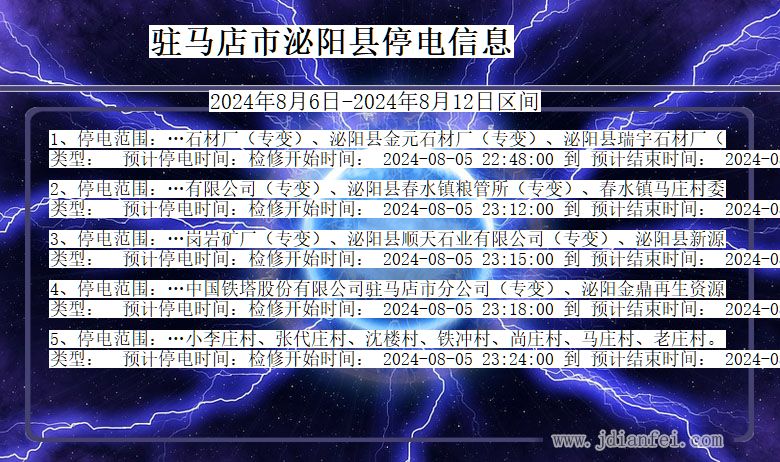 河南省驻马店泌阳停电通知