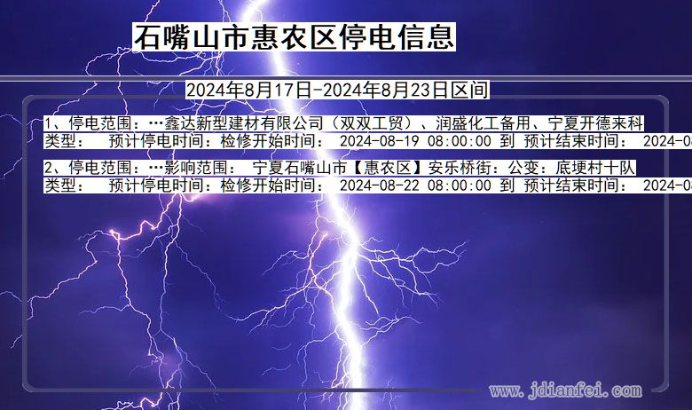 宁夏回族自治区石嘴山惠农停电通知