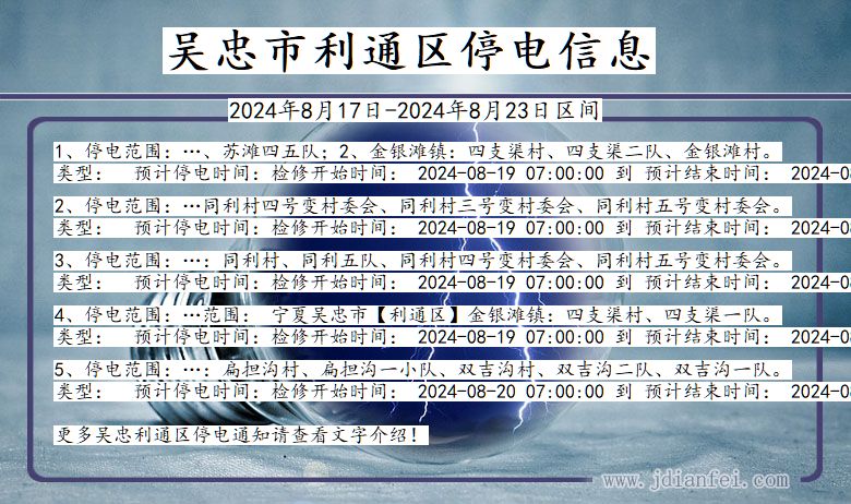 宁夏回族自治区吴忠利通停电通知