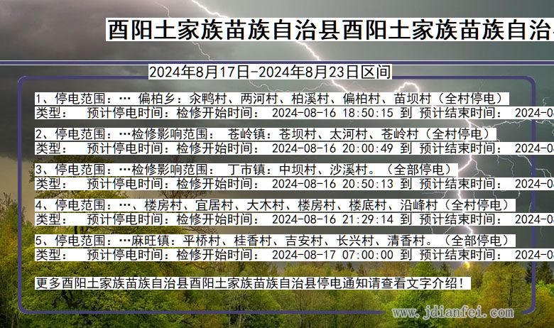 重庆市酉阳土家族苗族自治县酉阳土家族苗族自治停电通知