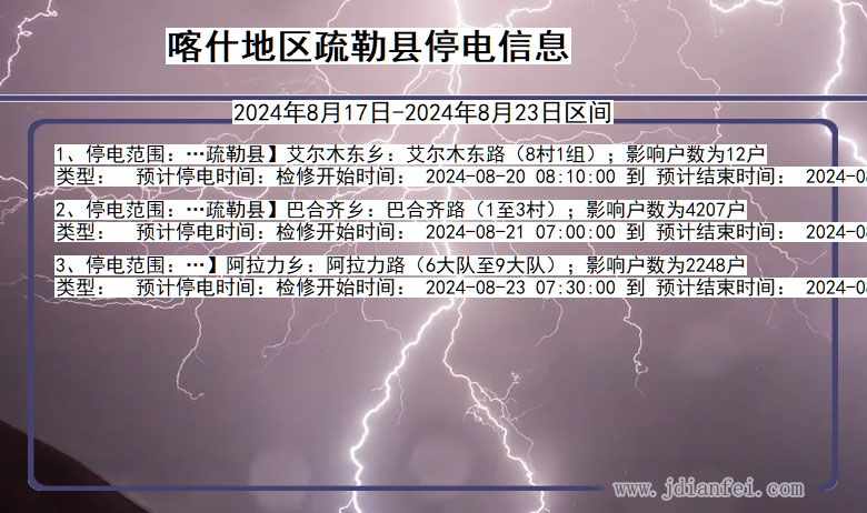 新疆维吾尔自治区喀什地区疏勒停电通知