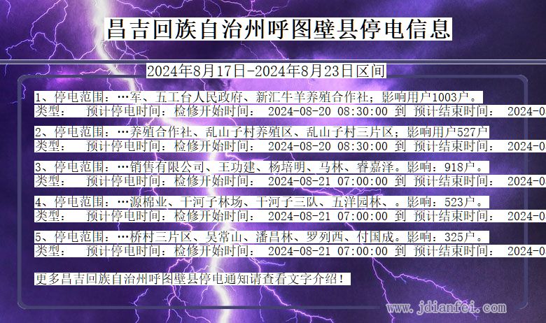 新疆维吾尔自治区昌吉回族自治州呼图壁停电通知