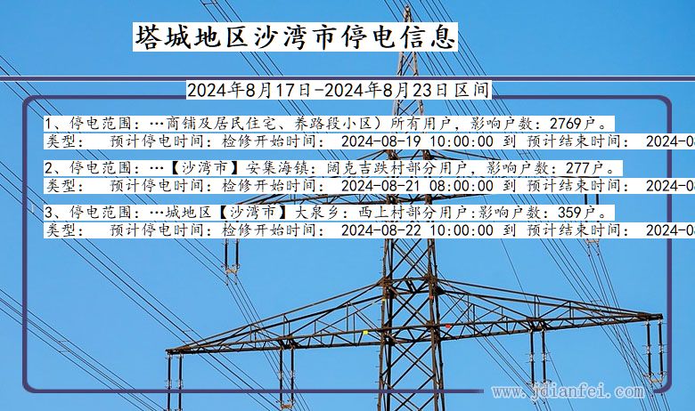 新疆维吾尔自治区塔城地区沙湾停电通知