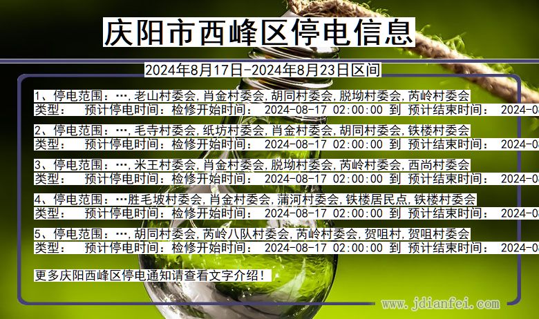 甘肃省庆阳西峰停电通知