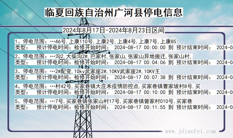 甘肃省临夏回族自治州广河停电通知