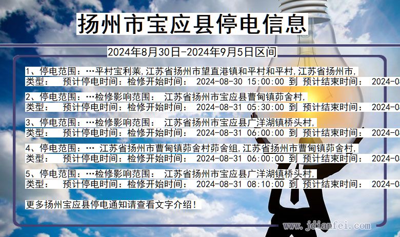 江苏省扬州宝应停电通知