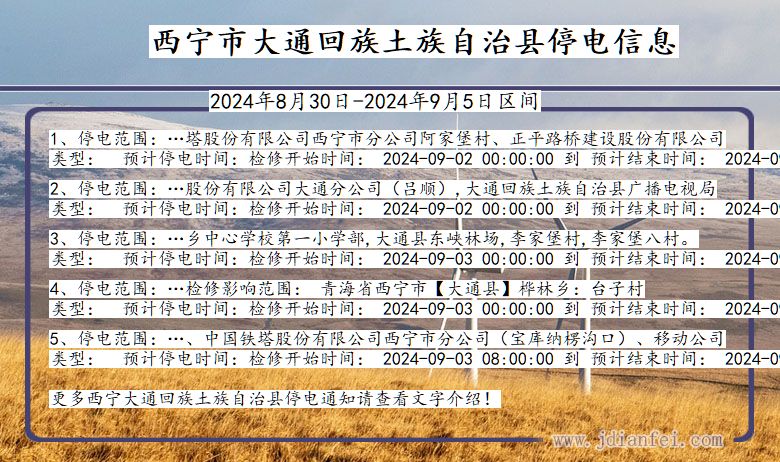 青海省西宁大通回族土族自治停电通知