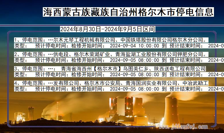 青海省海西蒙古族藏族自治州格尔木停电通知