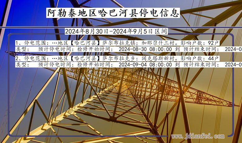 新疆维吾尔自治区阿勒泰地区哈巴河停电通知