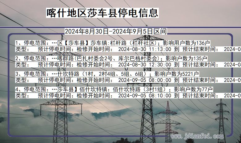 新疆维吾尔自治区喀什地区莎车停电通知