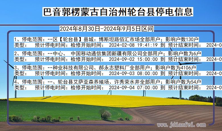 新疆维吾尔自治区巴音郭楞蒙古自治州轮台停电通知