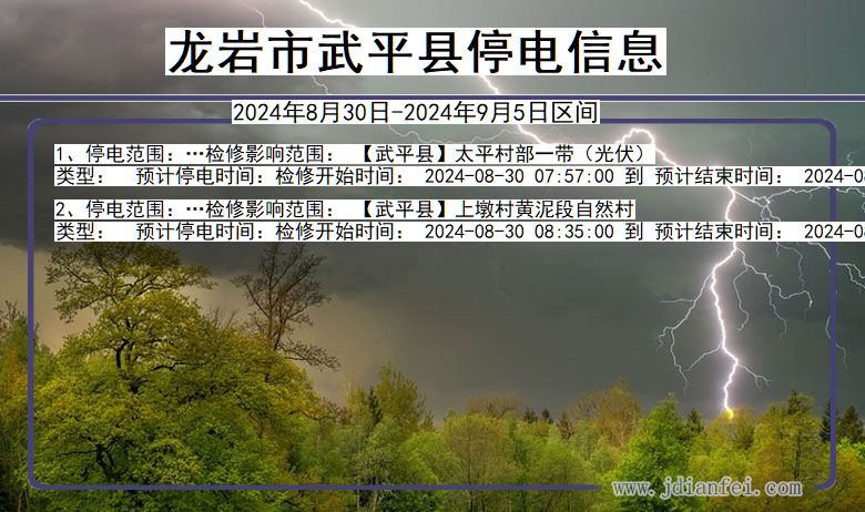 福建省龙岩武平停电通知