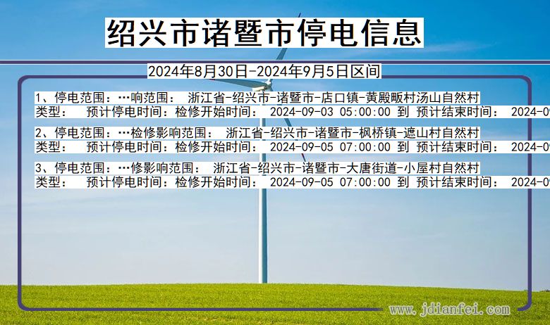 浙江省绍兴诸暨停电通知