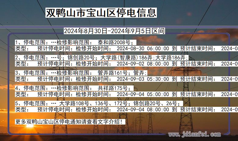 黑龙江省双鸭山宝山停电通知