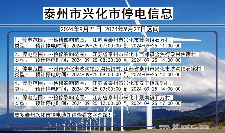 江苏省泰州兴化停电通知