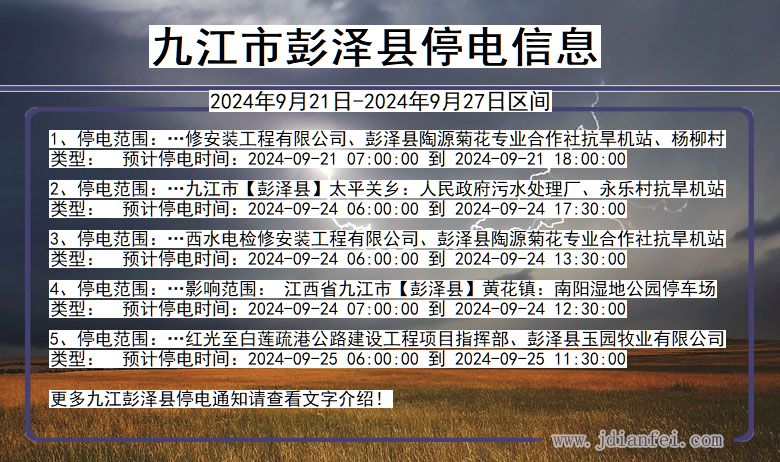 江西省九江彭泽停电通知