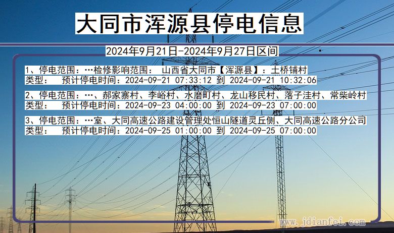 山西省大同浑源停电通知